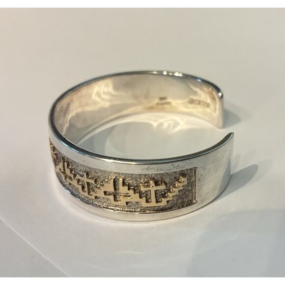 Navajo Signed Tommy Jackson Sterling , 14k Gold Overlay Design Cuff Bracelet 42g - Picture 3 of 14